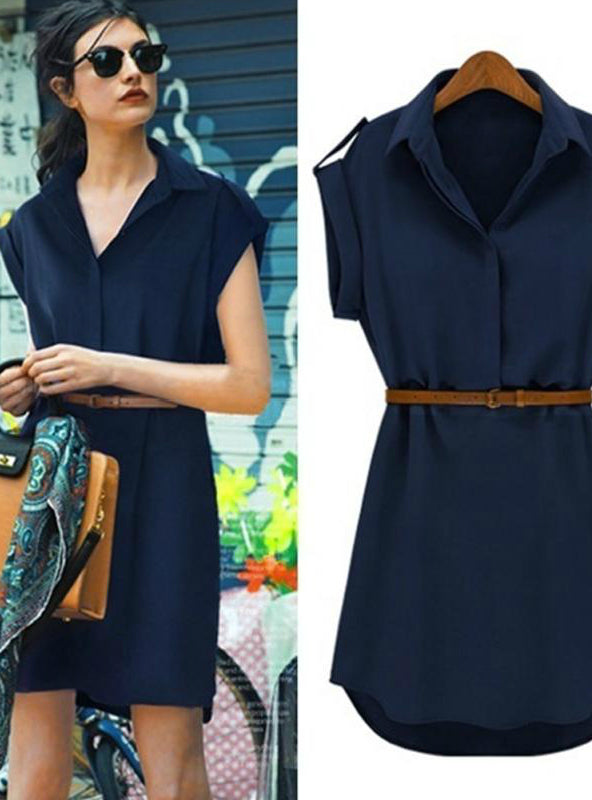 Short Sleeve Women's Shirt Blouse Dress with Belt