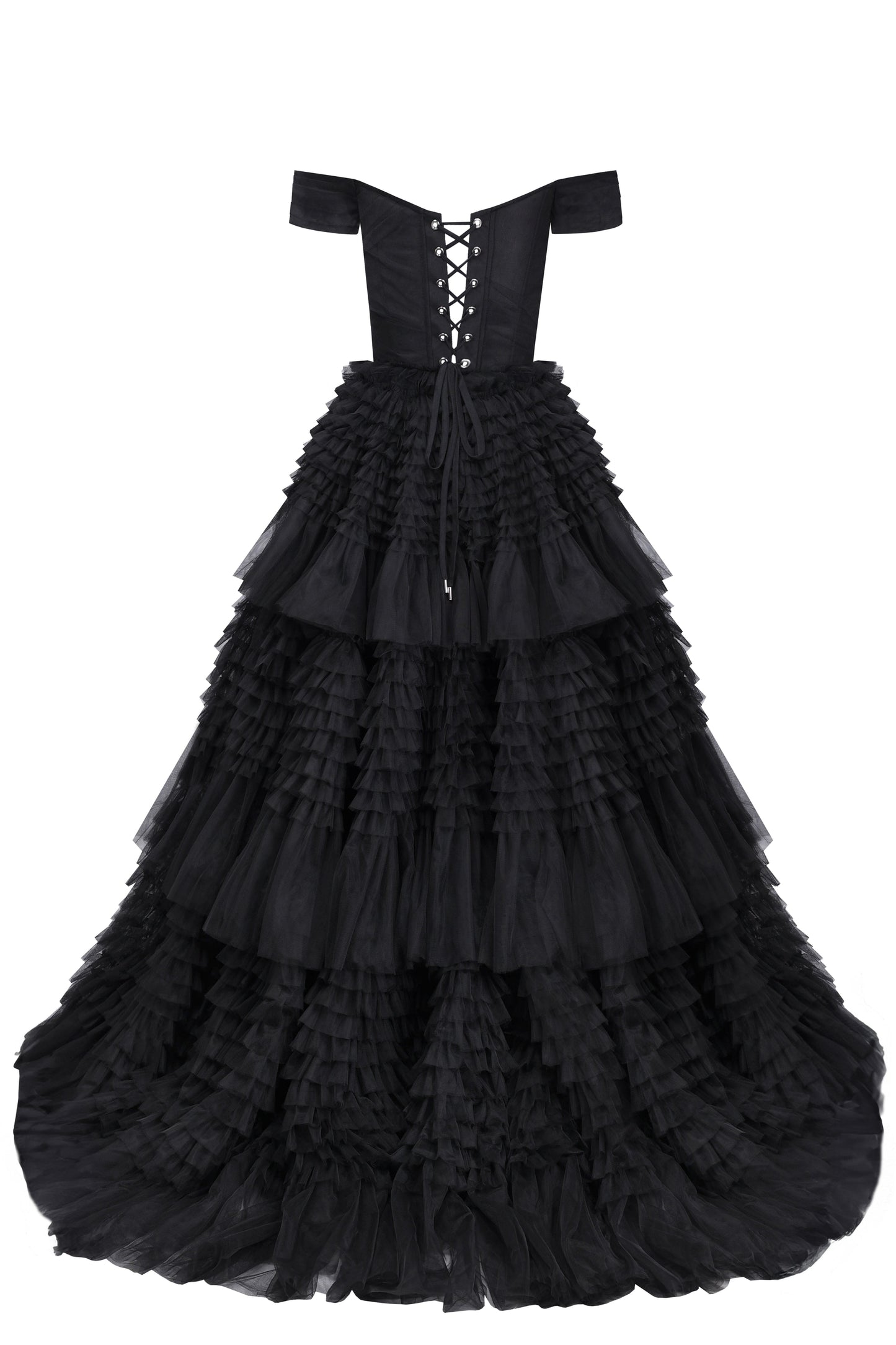 Black Off-The-Shoulder Stylish Frill-Layered Gown