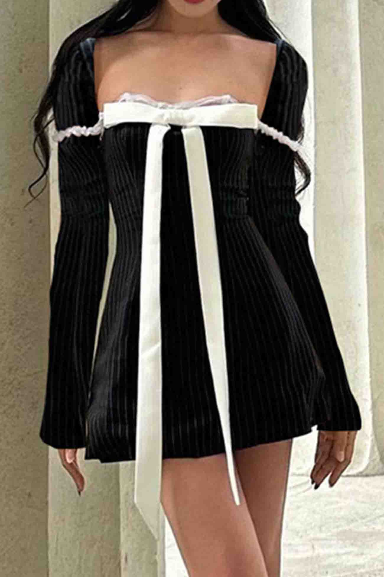 Striped Long Sleeve Mini Dress with Square Neck Bow Tie