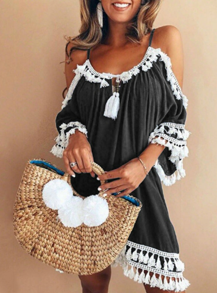 Vintage Boho Mini Beach Party Dress with Round Neck and 3/4 Sleeves