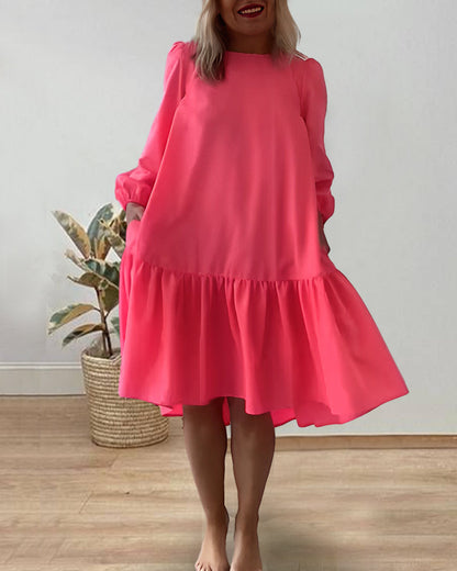 Round Neck Long Sleeve Dress - Solid Color