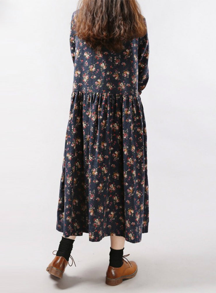 Vintage Floral Print Dress with Long Sleeves and O Neck for Women with Pockets