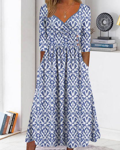 V-neck print button dress