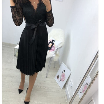 Women's Long Sleeve Casual Lace Pleated Black Ribbon Hollow Chiffon Midi Dress