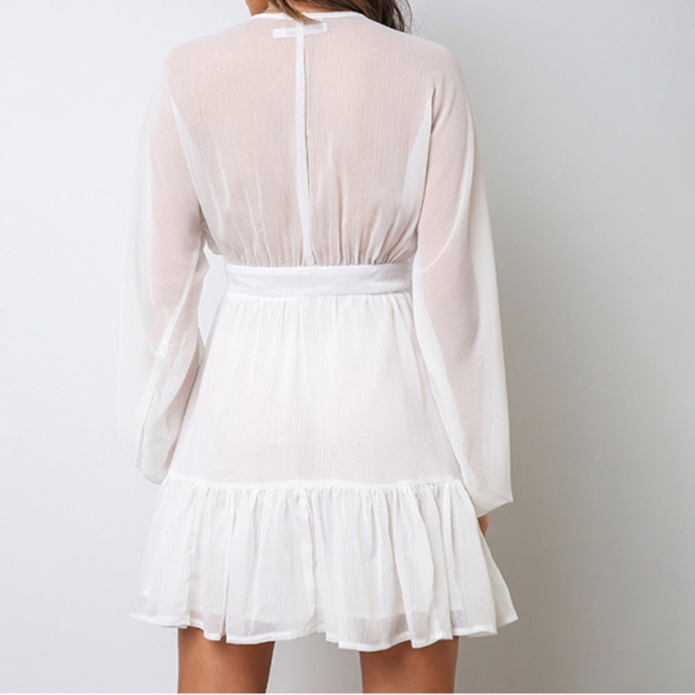 White Lace Sexy Plunge V Neck Long Sleeve Mini Party Dress