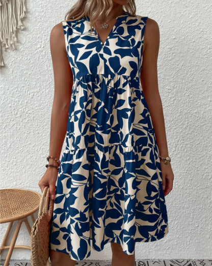 Sleeveless Dress with Leaves Print