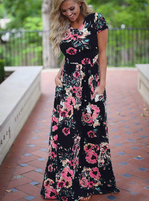 Boho Beach Maxi Dress with Short Sleeves