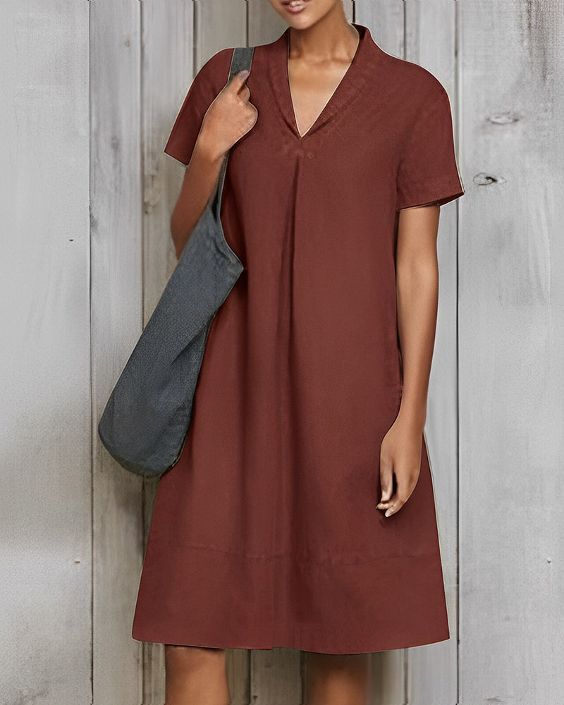 Solid color loose dress made of cotton and linen