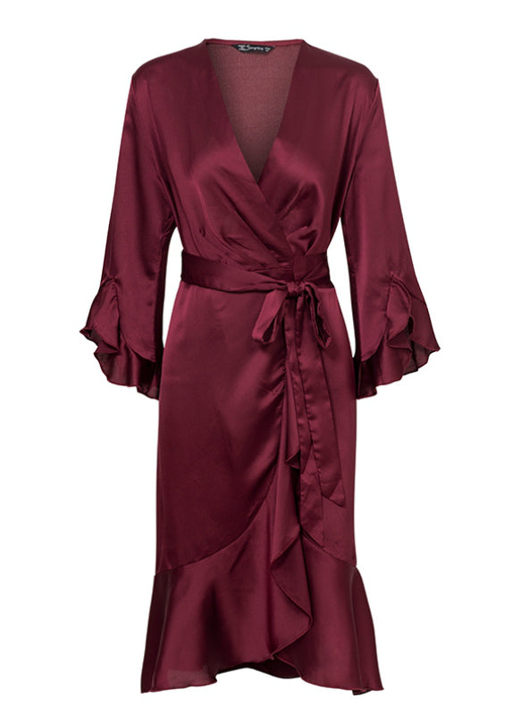 Satin Solid Dress with Ruffle Flare Sleeves and Sash Wrap for Women