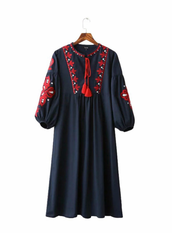 Vintage Floral Embroidery Dress with Drawstring Tie and Tassels, Long Sleeve for Women