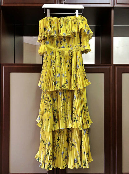 Yellow Bohemian Long Dress with Ruffle Pleated Printing