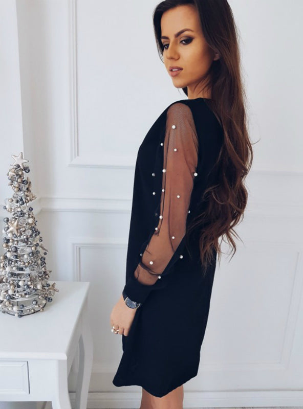 Spring Boat Neck Long Sleeve Straight Dress in Black