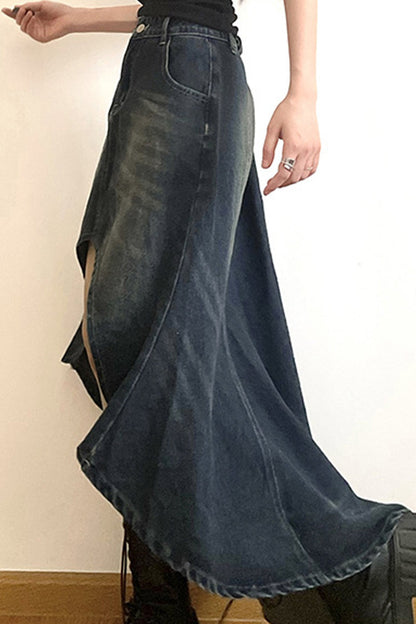 with Irregular Skirt Denim Distressed High Rise Wash