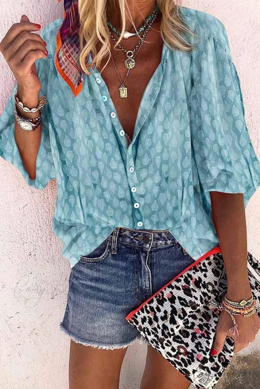 4 Button Loose Blouse - Color Solid Colors Blue / S