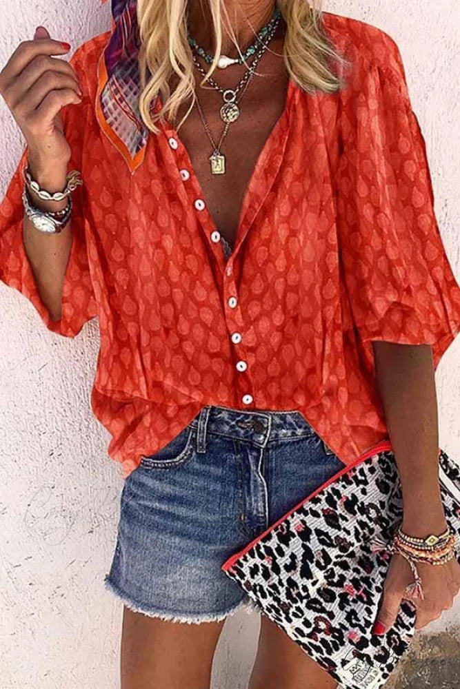 4 Button Loose Blouse - Color Solid Colors Orange / S