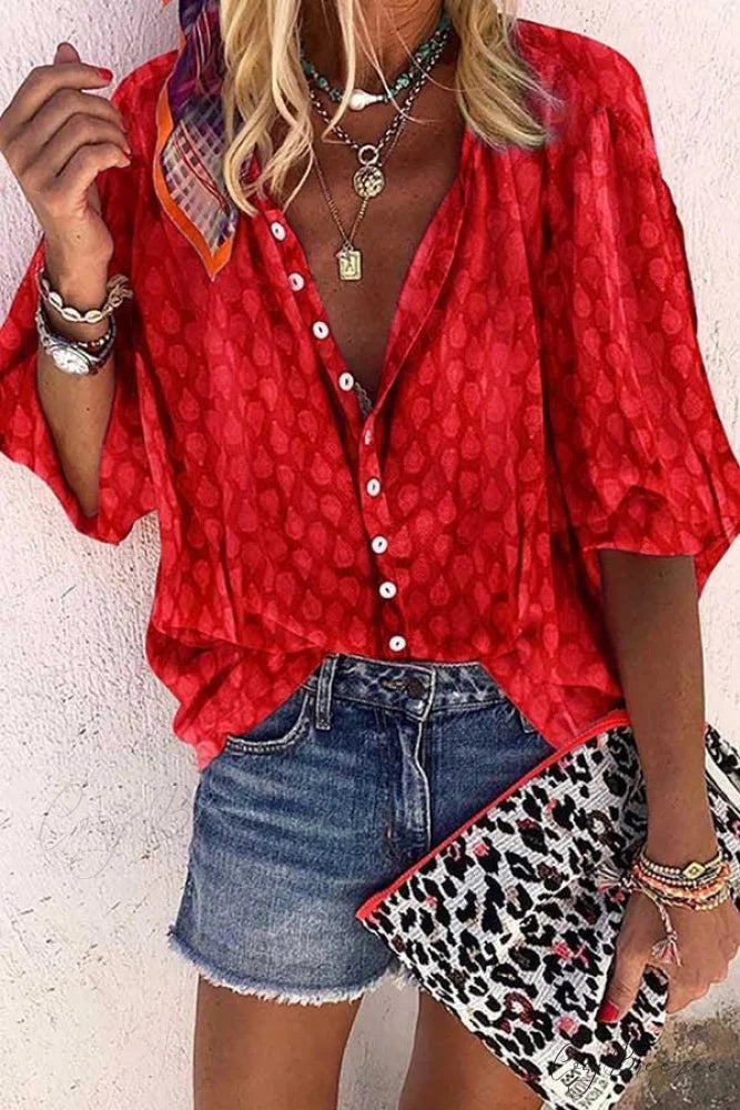 4 Button Loose Blouse - Color Solid Colors Red / S