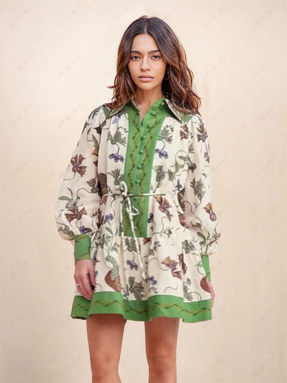 Unique Print Color Match Graceful Balloon Sleeve Shirt Mini Dress