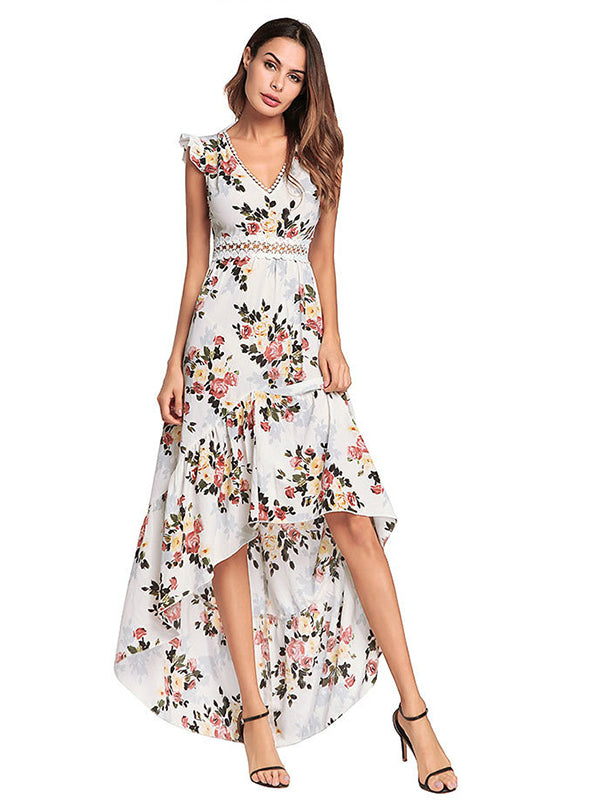 Bohemian Irregular Flowered Design V-Neck Dress