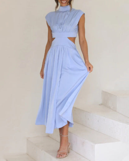 Solid color long dress with stand collar and waist tie