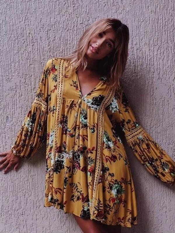 Yellow Floral Mini Dress with Flared Sleeves and V-Neck