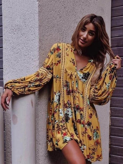 Yellow Floral Mini Dress with Flared Sleeves and V-Neck