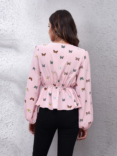 V-Neck Blouse Peplum with Balloon Butterfly Sleeves