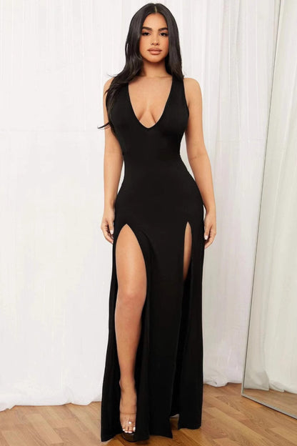 Solid Color Deep V Split Bodycon Sexy  Party Dress