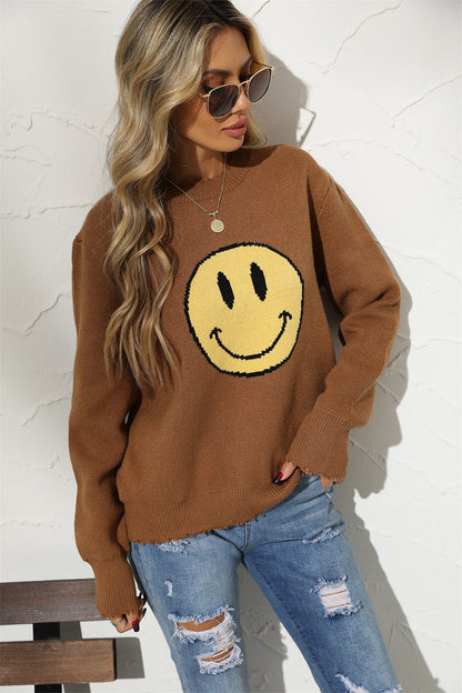 Smily Graphic Round Arm Face Long Neck Sweater