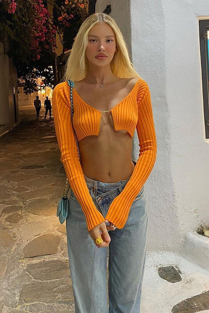 Solid Color Cropped Long Sleeve Knit Cardigan