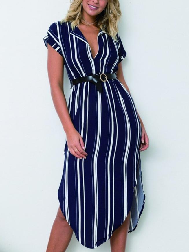 V-Neck Split-Side Warm-Season Striped Midi Dress