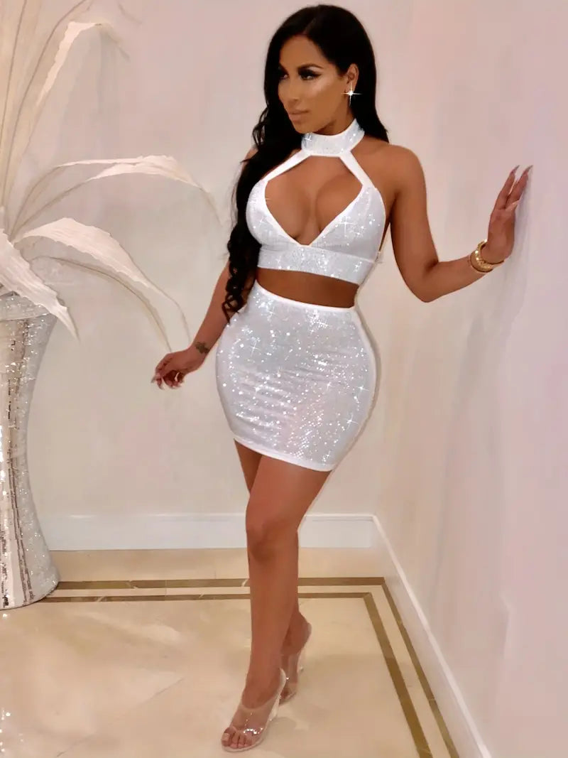 Silver Halter Mini Dress with Crystals