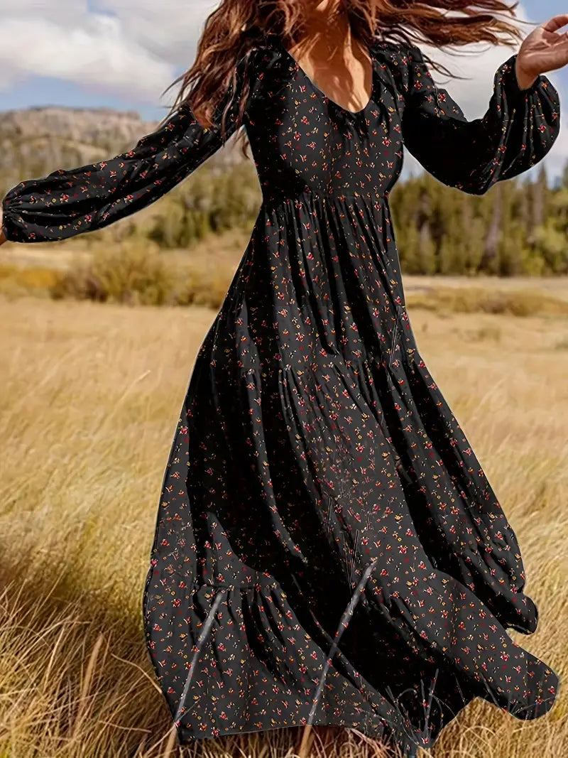 Boho Lantern Sleeve V Neck Tiered Floral Print Maxi Dress