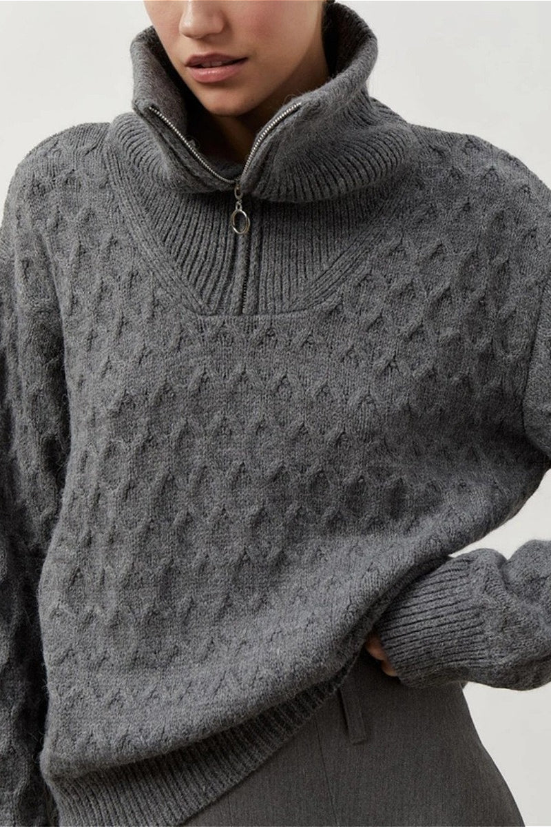 Vintage Chunky Knit High Neck Zip Up Sweater