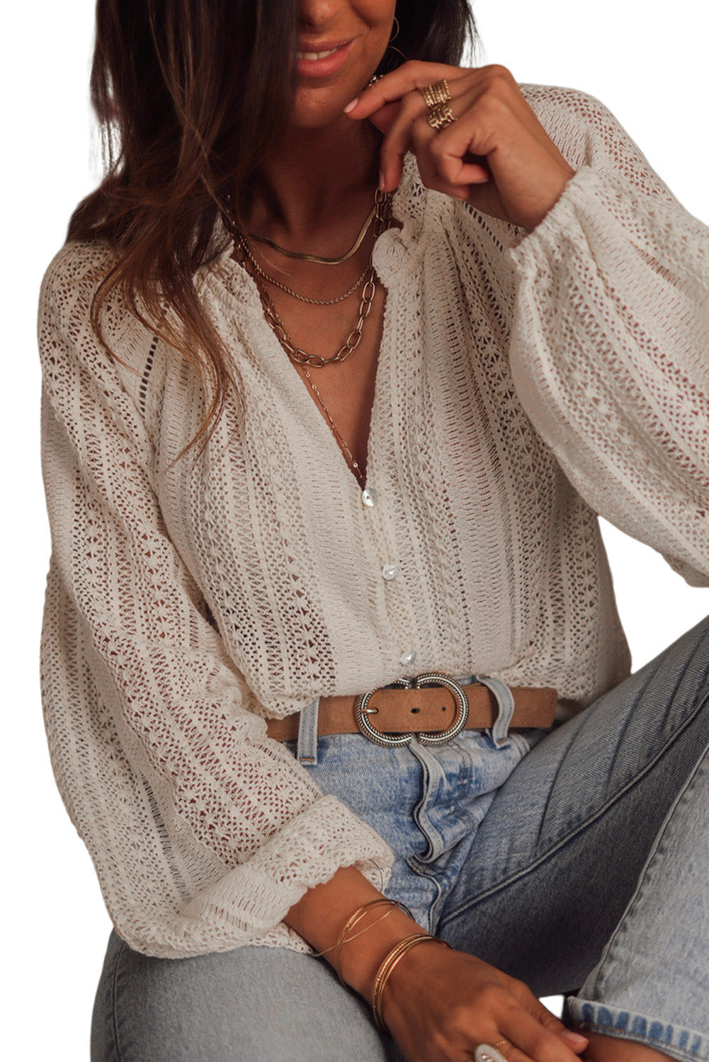 Cosybreezee - V-Neck Lace Button Up White Shirt