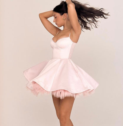 Satin Tulle Frill Charming Strap Mini Dress