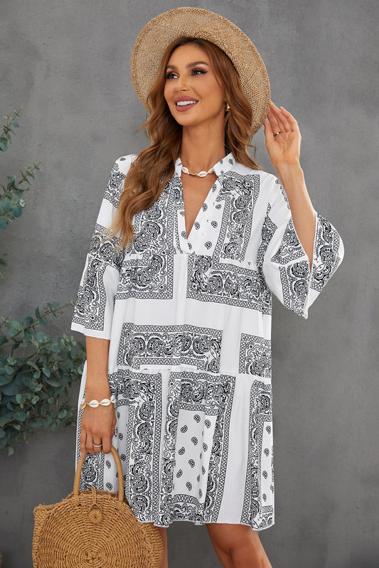 Paisley Three-Quarter Sleeve Mini Dress