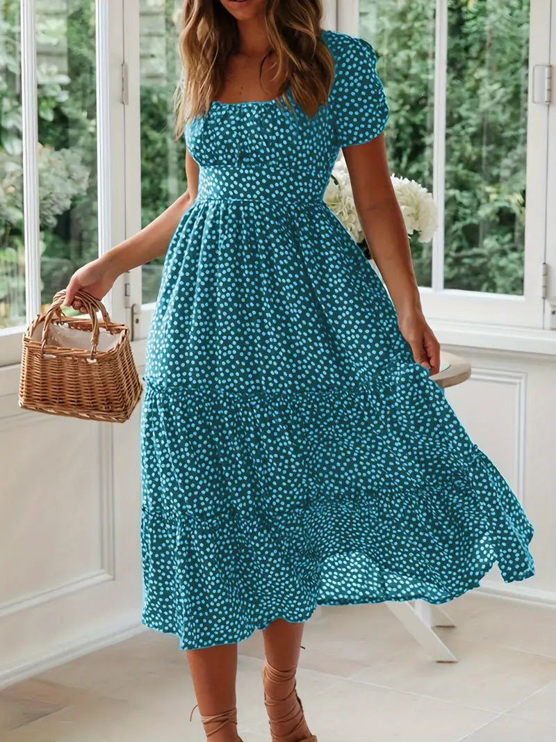 Square Neck Polka Dot Puff Sleeve Dress for Summer