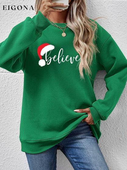 BELIEVE Graphic Long Sleeve Holiday Christmas Sweatshirt Green Changeable christmas sweater clothes Ship From Overseas