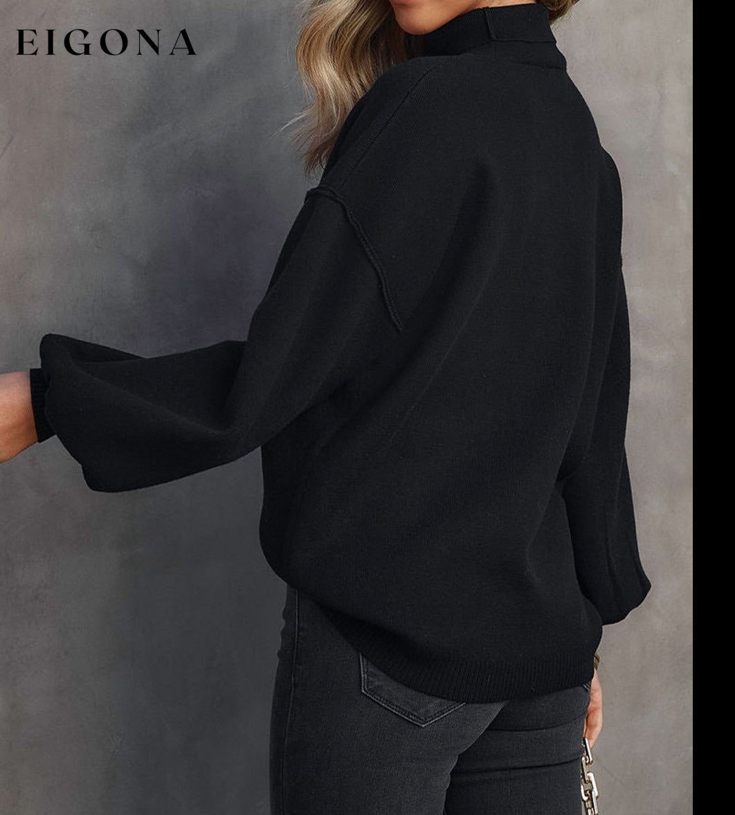 Cosybreezee - Black Turtleneck Drop Shoulder Bubble Sleeve Knit Sweater