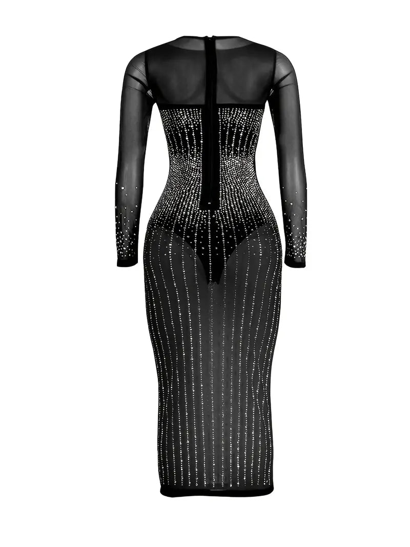 Rhinestone Mesh Long Sleeve Bodycon Dress for Parties