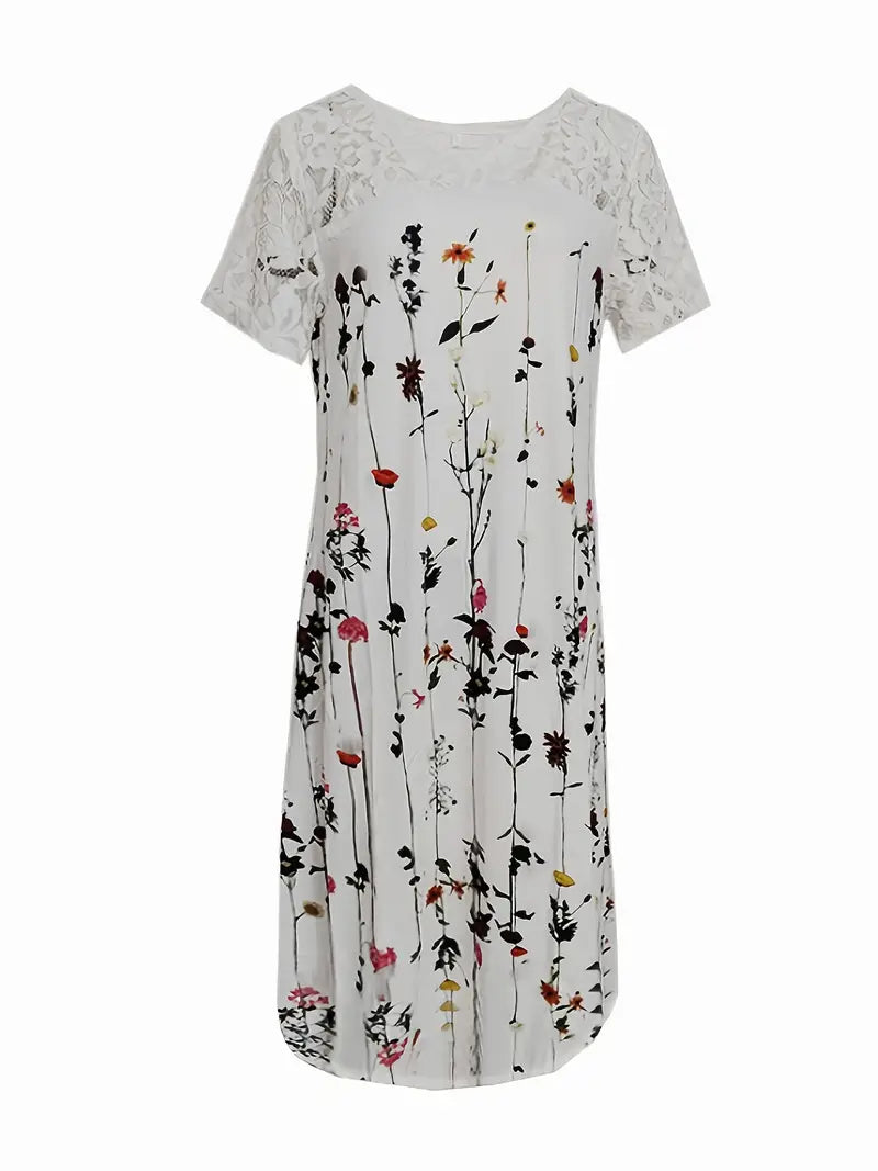 White Lace Sleeve Floral Print Maxi Dress with Flower Pattern