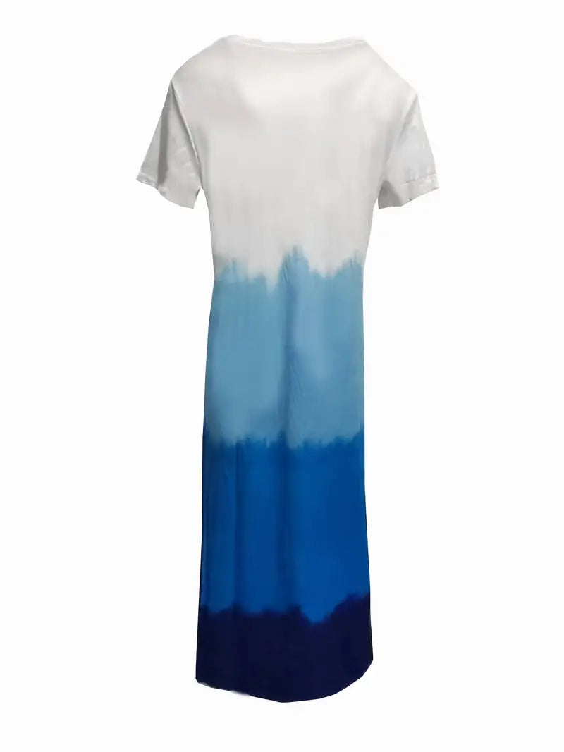 V Neck Short Sleeve Maxi Beach Dress with Gradient Color Side Split