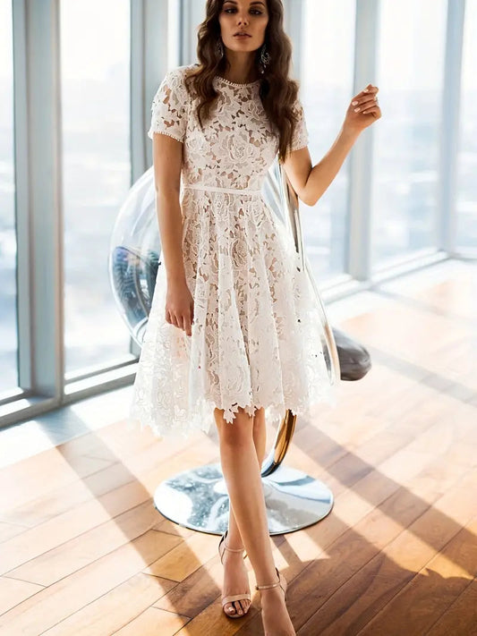 White Lace Scoop Neck Short Sleeve Dress