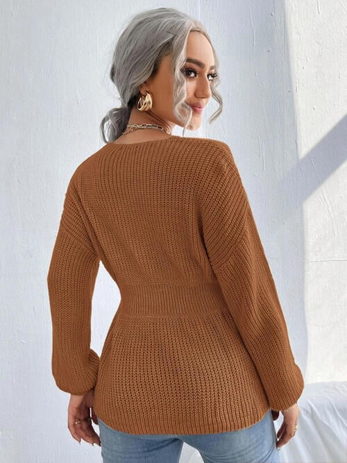 Shoulder Arm Knit Notched Dropped Top with Long Detail