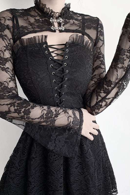 High Neck Flared Sleeve Lace Knit Top