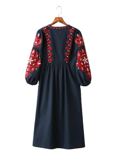 Vintage Floral Embroidery Dress with Drawstring Tie and Tassels, Long Sleeve for Women