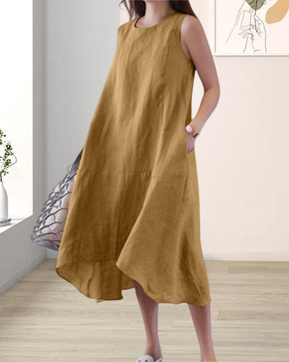 Sleeveless Cotton Linen Dress in Solid Color