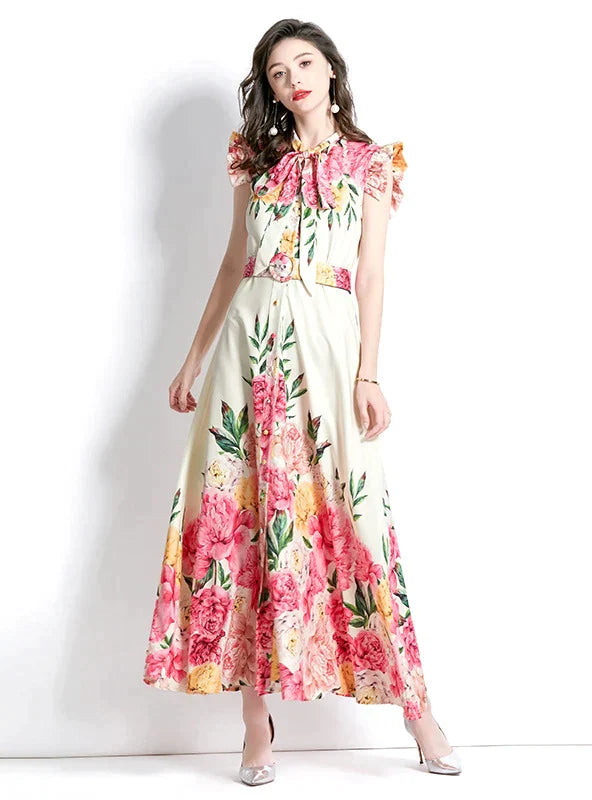 Retro Palace Long Printed Dress with Flying Sleeves