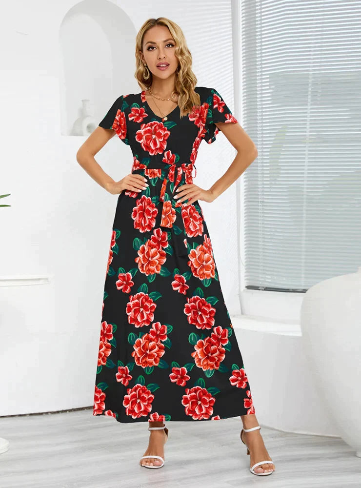 Rose Print V-Neck Dress with Short Sleeves