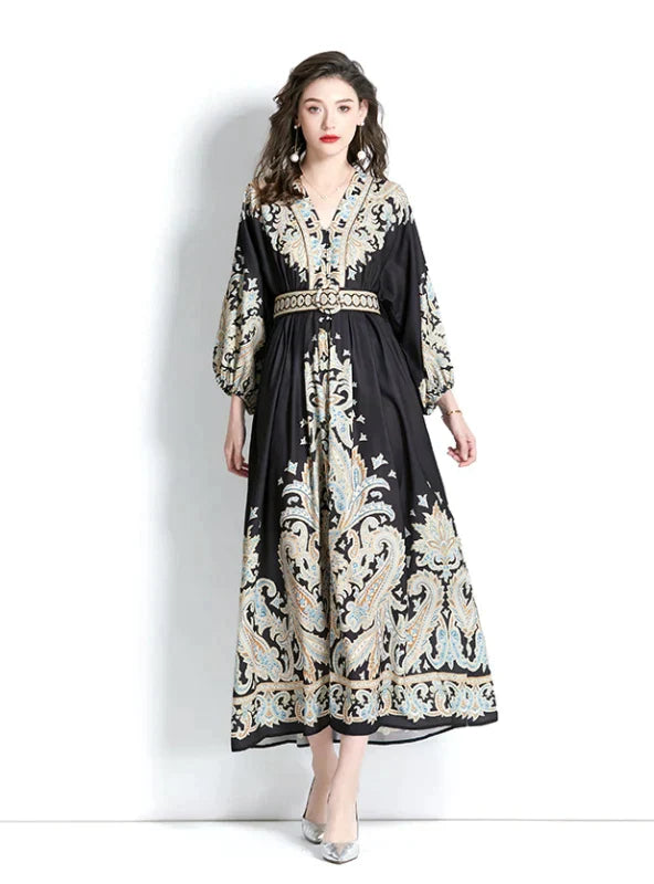 Vintage Palace V-Neck Lantern Sleeve Print Dress